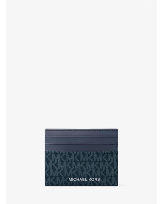 Michael Kors Outlet Blue Mk Pebbled Leather Billfold Wallet And Signature Logo Card Case Gift Set for men
