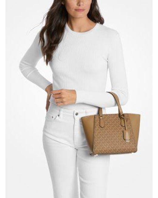 Michael Kors Natural Taryn Small Signature Logo And Leather Convertible Crossbody Bag