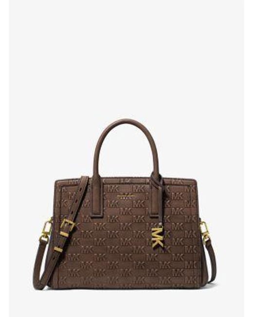 Michael Kors Brown Mk Laila Medium Logo Embossed Burnished Leather Satchel