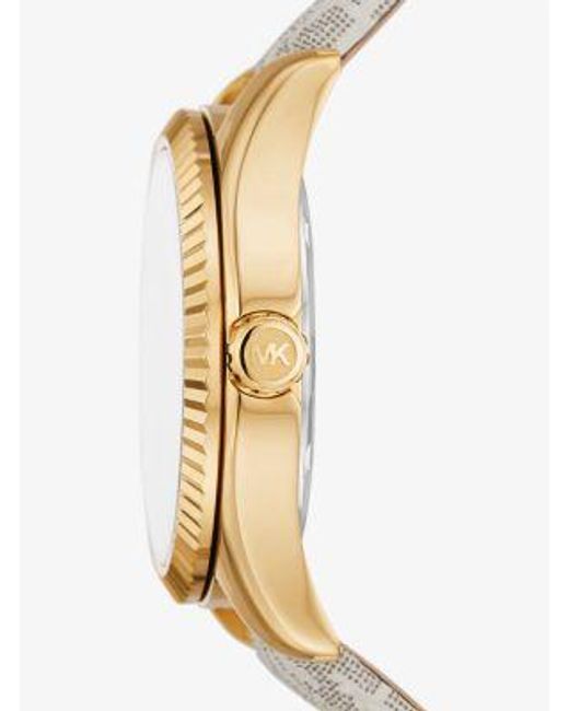 Michael Kors Metallic Lexington Gold-tone Case And Vanilla Signature Pvc Logo Band Watch