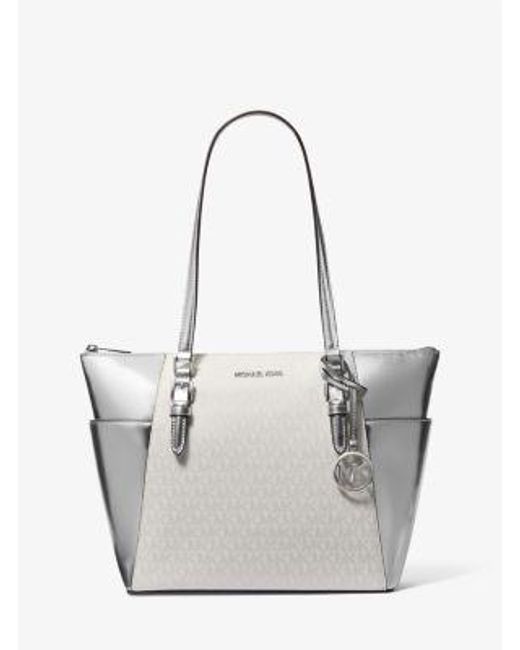 Michael Kors White Charlotte Large Signature Logo And Metallic Tote Bag