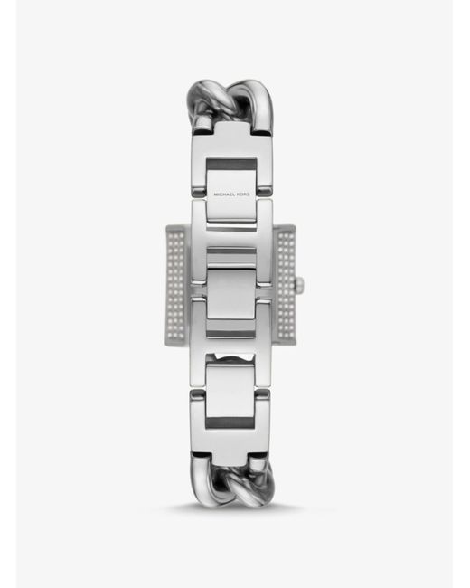 Orologio mini a lucchetto tonalità argento con pavé e bracciale a catena di Michael Kors in White