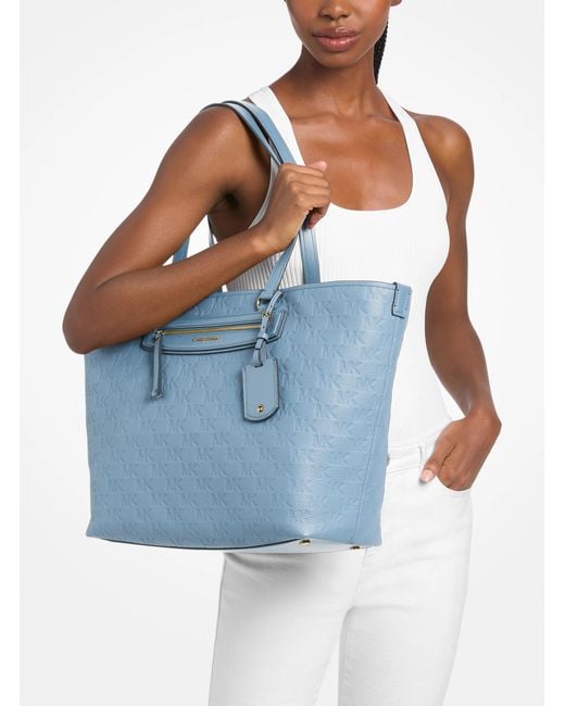 MICHAEL Michael Kors Blue Mk Jet Set Travel Extra-Large Logo Embossed Leather Tote Bag