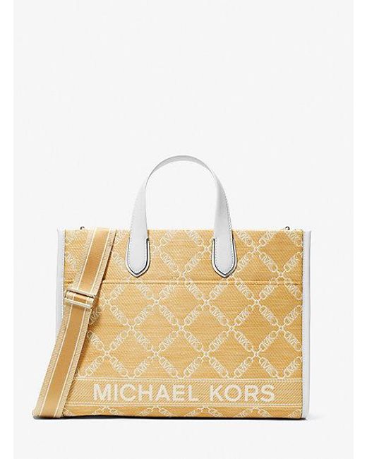 Michael Kors Natural Gigi Large Empire Logo Jacquard Straw Tote Bag