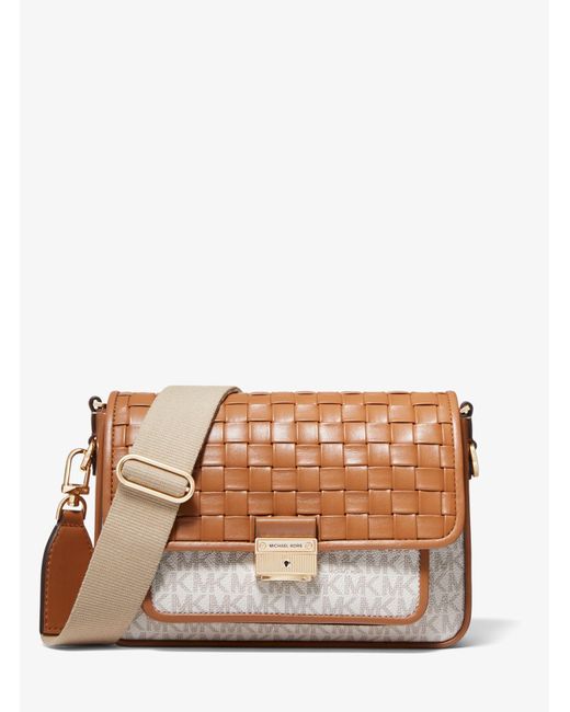 Michael Kors Bradshaw Medium Logo And Woven Leather Messenger Bag in
