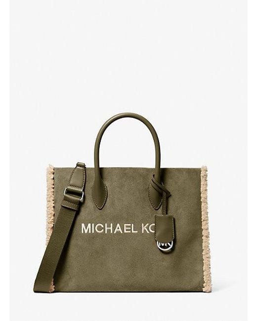 Michael Kors Green Mirella Medium Suede And Faux Shearling Tote Bag
