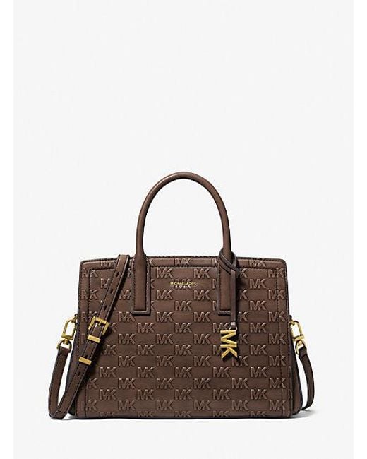 Michael Kors Brown Mk Laila Medium Logo Embossed Burnished Leather Satchel