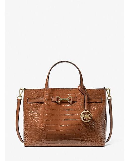 Michael Kors Brown Carson Medium Crocodile Embossed Satchel
