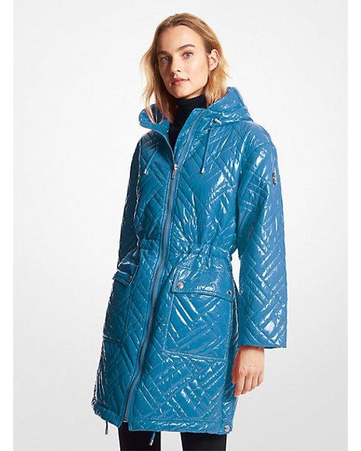 Michael Kors Blue Quilted Ciré Nylon Puffer Coat