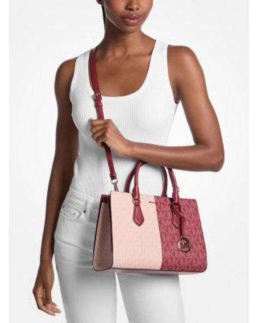Michael Kors Red Sheila Medium Two-Tone Metallic Signature Logo Satchel