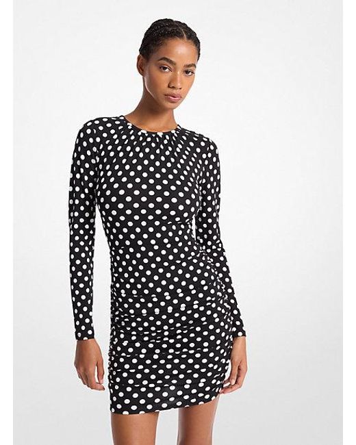 Michael Kors White Dot Ruched Stretch Matte Jersey Dress