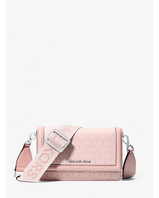 Michael Kors Pink Jet Set Small Signature Logo Print Woven Smartphone Crossbody Bag