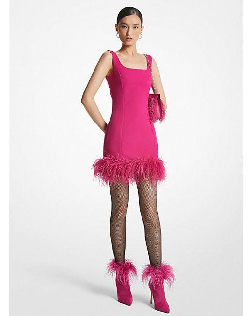 Michael Kors Pink Feather Trim Stretch Crepe Shift Dress