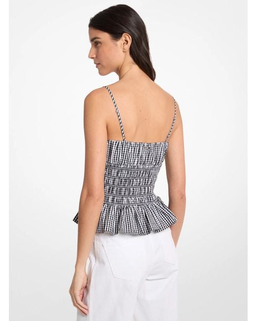 Michael Kors White Mk Gingham Cotton Smocked Top