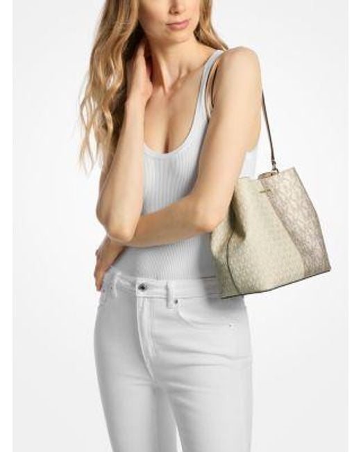 Michael Kors Natural Pratt Medium Two-Tone Metallic Signature Logo Shoulder Bag