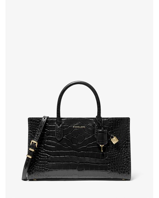 MICHAEL Michael Kors Black Mk Scarlett Medium Crocodile Embossed Patent Leather Satchel