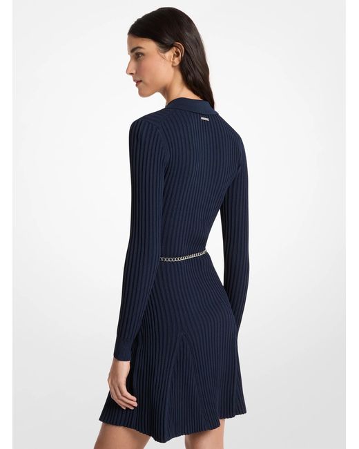 MICHAEL Michael Kors Blue Mk Ribbed Viscose Belted Polo Dress