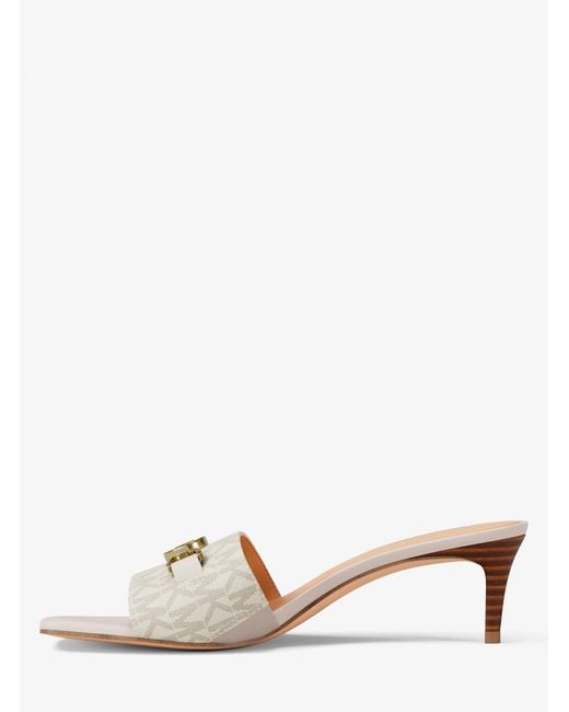 Michael Kors Outlet Natural Mk Natalie Signature Logo Kitten Sandal
