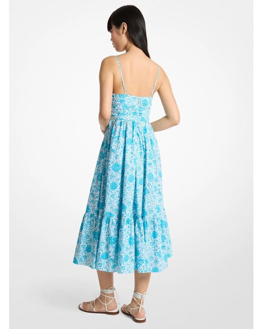 Michael Kors Blue Floral Print Cotton Poplin Midi Dress