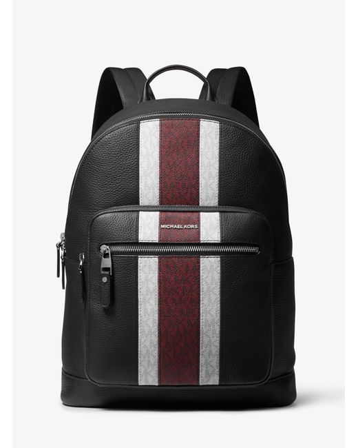 Michael Kors Hudson Pebbled Leather And Logo Stripe Backpack in Merlot ...