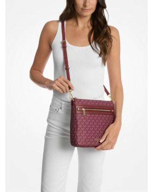 Michael Kors Red Jet Set Large Signature Logo Printed Crossbody Bag