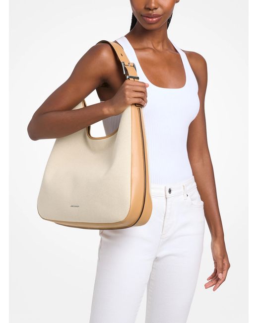 MICHAEL Michael Kors Natural Mk Nolita Large Two-Tone Canvas Hobo Shoulder Bag