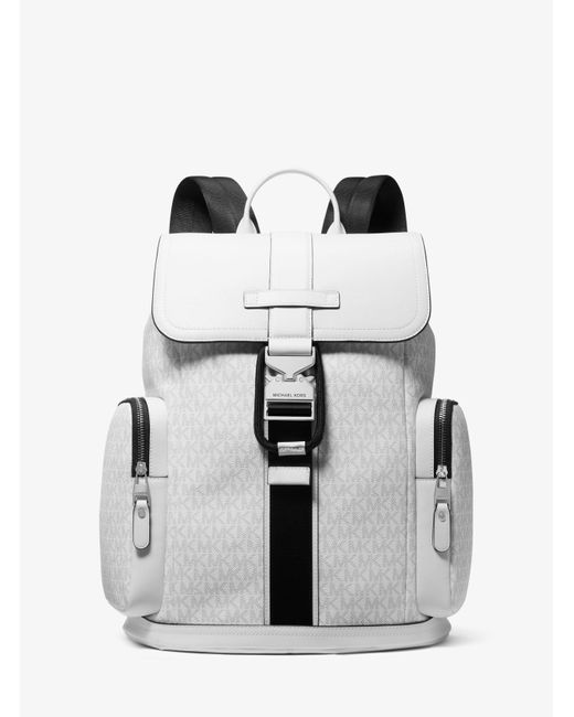 Michael Kors White Mk Hudson Signature Logo And Leather Cargo Backpack for men