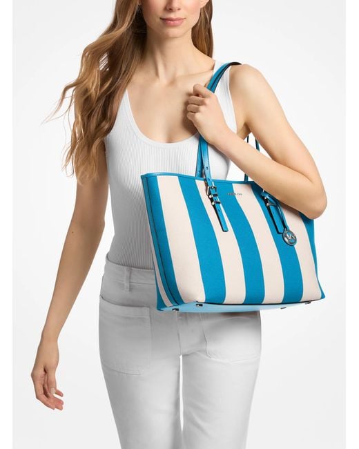 Michael Kors Blue Mk Quinn Large Striped Canvas Tote Bag