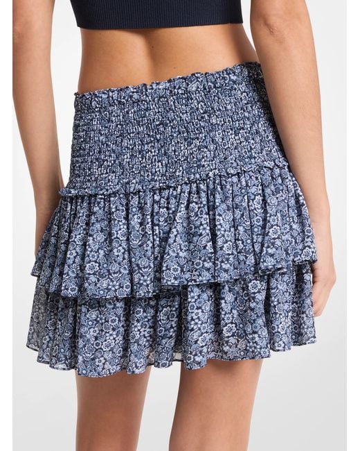 MICHAEL Michael Kors Blue Mk Floral Print Georgette Smocked Mini Skirt