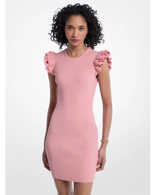 Michael Kors Pink Ruffled Stretch Viscose Mini Dress