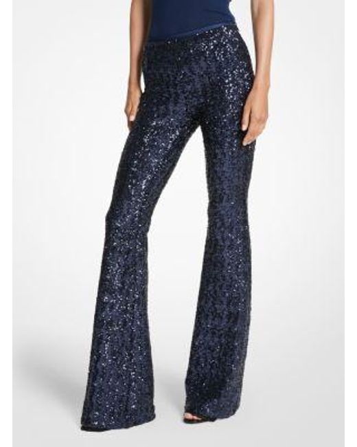 Michael Kors Blue Mk Sequined Stretch Tulle Flared Trousers