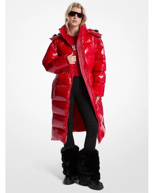 MICHAEL Michael Kors Red Mk Faux Fur Trim Nylon Ciré Puffer Coat