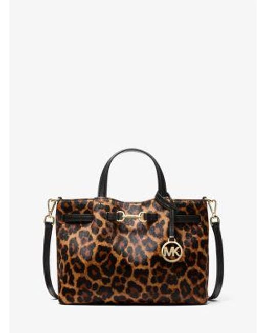 Michael Kors Brown Carson Small Leopard Print Calf Hair Satchel