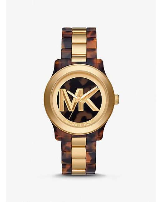 Michael Kors Multicolor Runway Goldtone & Tortoiseshell Acetate Logo Watch
