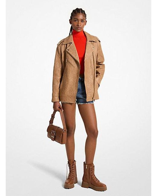 Michael Kors Mk Oversized Crinkled Leather Moto Jacket in White Lyst Canada