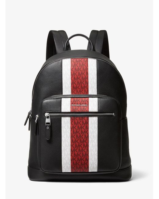 Michael Kors Black Hudson Pebbled Leather And Logo Stripe Backpack for men
