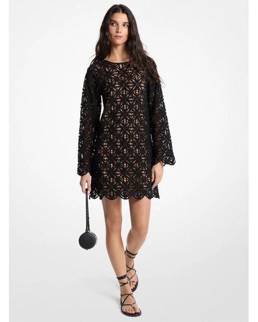 Michael Kors Black Crochet Crewneck Long-sleeve Mini Dress