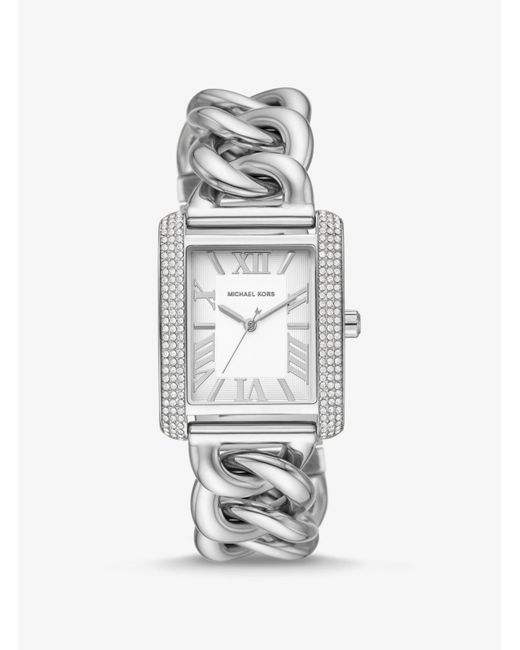 Petite montre Emery argentée à maillons gourmette et pierres pavées Michael Kors en coloris White