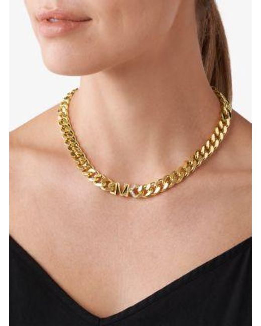Michael Kors Metallic Mk Precious Metal-Plated Brass Pavé Logo Curb Link Necklace