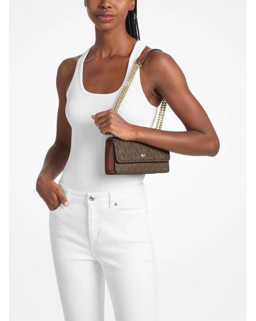 Michael Kors Outlet Brown Mk Abbott Small Signature Logo Shoulder Bag