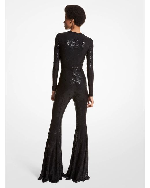 Michael Kors Black Mk Hand-Embroidered Sequin Stretch Jersey Flared Jumpsuit