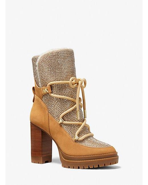 Michael Kors Natural Culver Embellished Nubuck And Glitter Chain Mesh Lace-up Boot