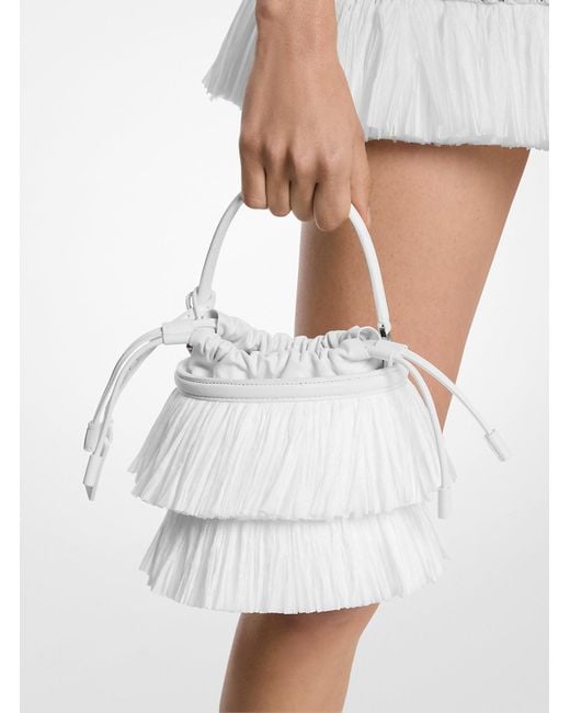 Michael Kors White Ischia Mini Leather And Fringe Bucket Bag