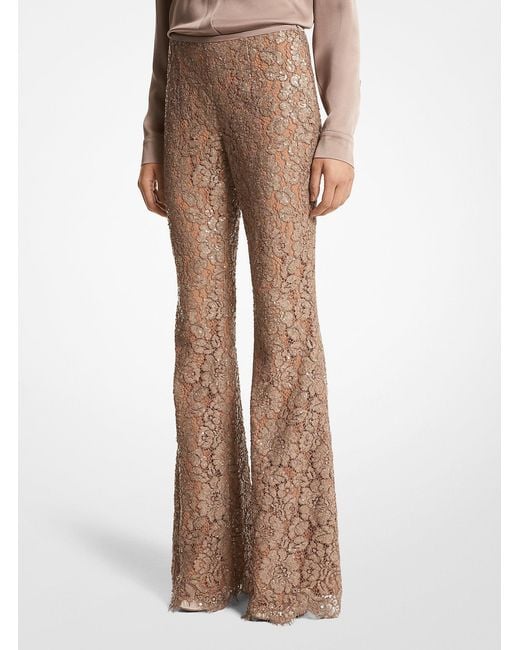 Michael Kors Brown Mk Hand-Embroidered Sequin Floral Lace Flared Trousers