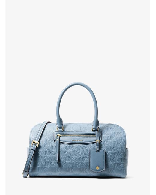 MICHAEL Michael Kors Blue Mk Jet Set Travel Medium Logo Embossed Leather Duffel Crossbody Bag