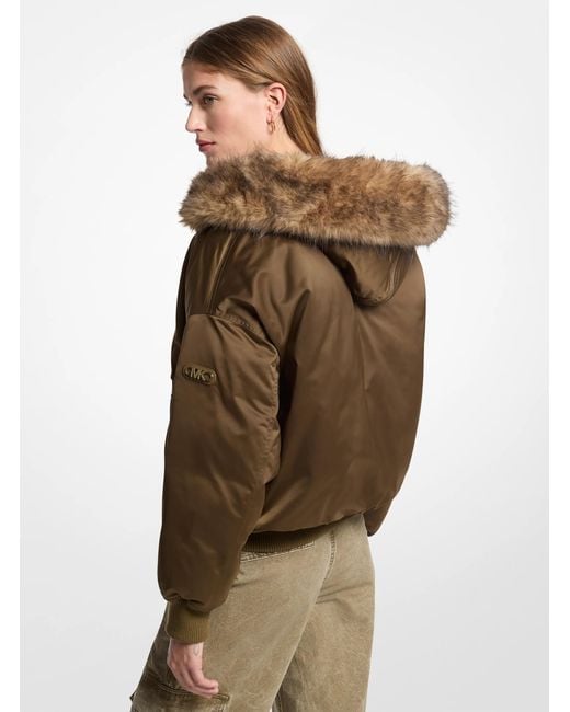 MICHAEL Michael Kors Natural Mk Faux Fur-Trimmed Satin Ciré Hooded Bomber Jacket
