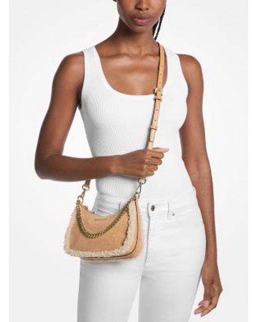 Michael Kors Natural Jet Set Small Suede And Faux Shearling Convertible Crossbody Bag
