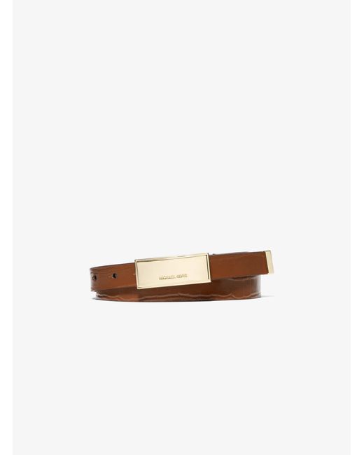 MICHAEL Michael Kors White Mk Crocodile Embossed Leather Plaque Belt