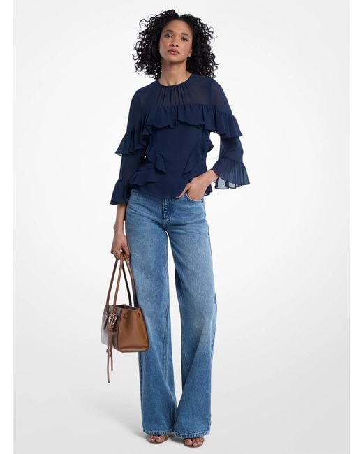 Michael Kors Blue Ruffled Georgette Blouse