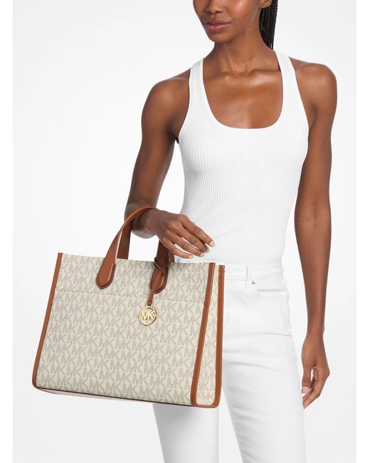 Michael Kors Outlet Natural Mk Gigi Large Signature Logo Large Tote Bag